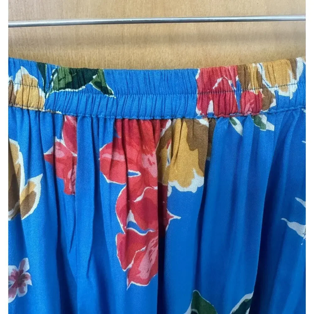 Patrons of Peace Blue Floral Front Slit Skirt Maxi Pleated Elastic Size Small